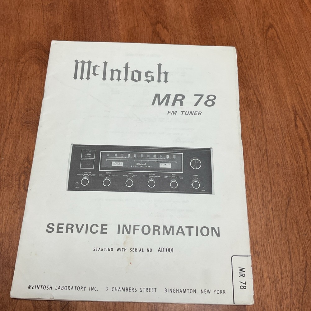 Vintage Original McIntosh MR78 Service Manual. Good Condition Clean Unmarked .