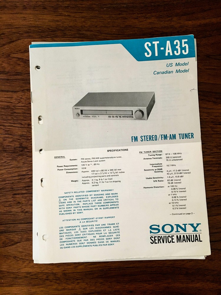 Sony ST-A35 Tuner Service Manual *Original*