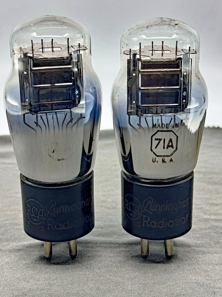 (2) RCA Cunningham 71A Power Tubes Silver Plates Engraved Bases Late 40s Strong