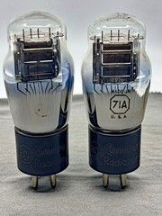 (2) RCA Cunningham 71A Power Tubes Silver Plates Engraved Bases Late 40s Strong