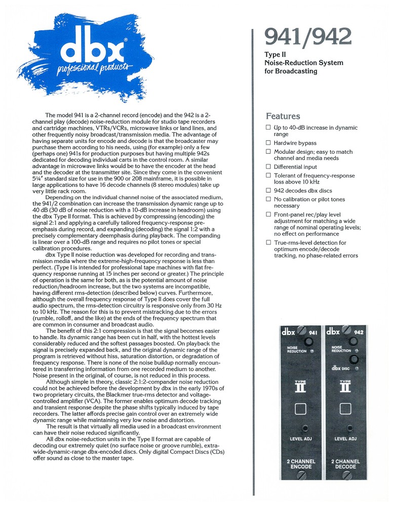 DBX 941 942 Noise Reduction Dealer Data / Spec Sheet Brochure *Original*