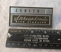 1962 ZENITH MHT-15 Floor Console Stereo Metal BADGE