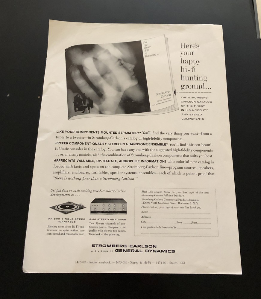 1961 STROMBERG CARLSON PR-500 Turntable 8-80 Amplifier ADVERTISING SHEET