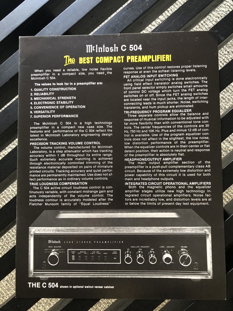 McIntosh C 504 Compact Preamplifier Sales Booklet – Binghamton NY, Excellent!