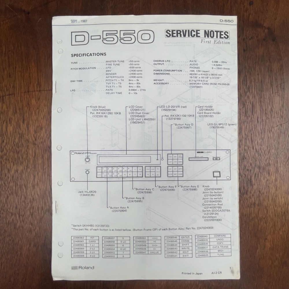VINTAGE ROLAND D-550 SERVICE NOTES FIRST EDITION