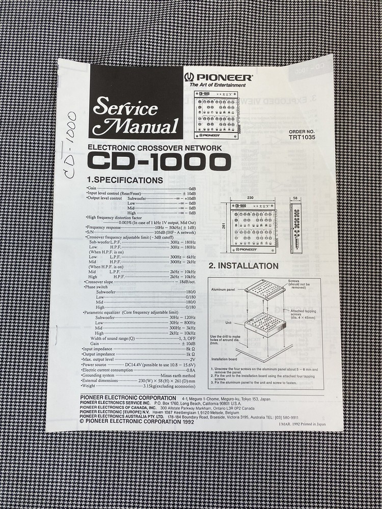 PIONEER ELECTRONIC CROSSOVER NETWORK CD-1000 ORIGINAL SERVICE MANUAL J0645