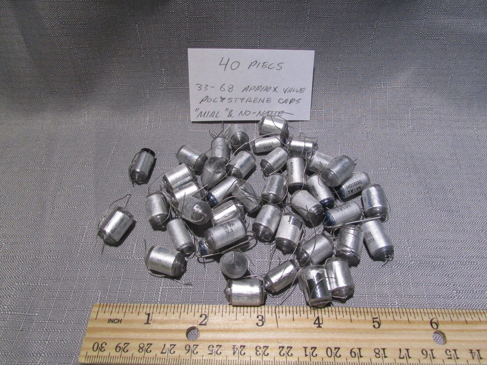 40 Pieces — Mial and No-Name Polystyrene Capacitors 33-68uF Range Vintage