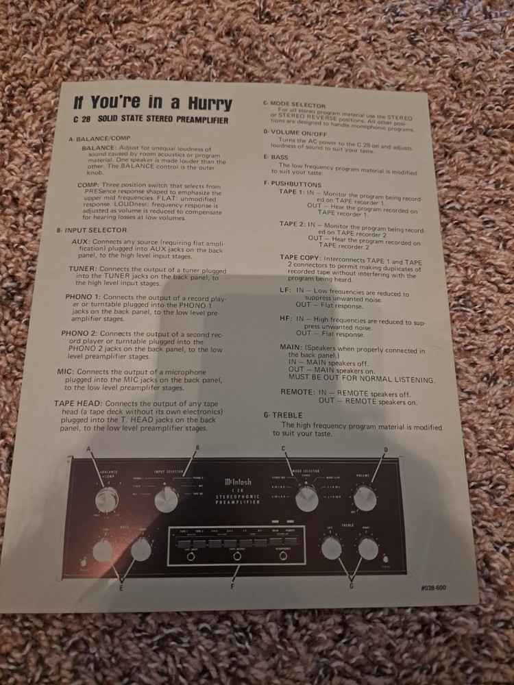 Original McIntosh C 28 Solid State Stereo Preamplifier Dealer Spec Sheet Ref