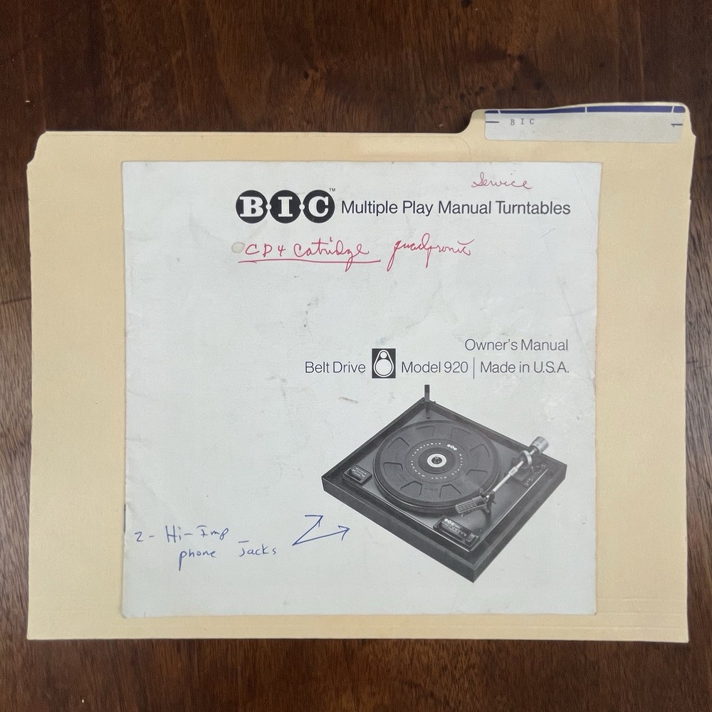 Vintage BIC Model 920 Turntable Owners Manual W/Notes