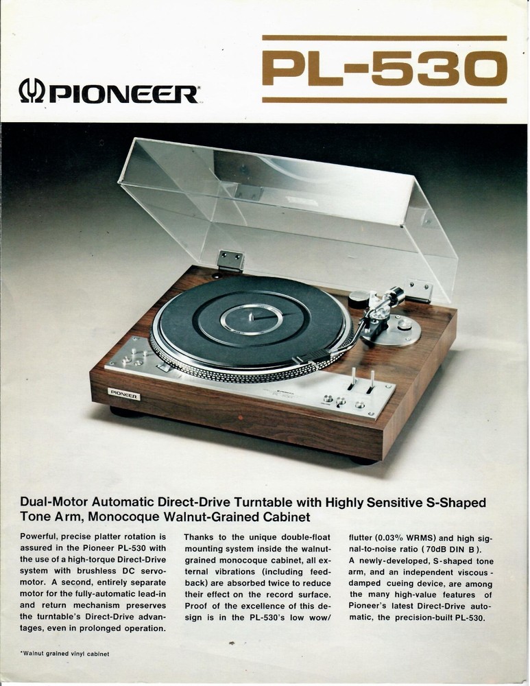 Pioneer PL-530 Stereo Turntable Brochure 1976 Rare Original