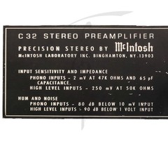 ORIGINAL McIntosh C32 STEREO PREAMPLIFIER INFORMATION DECAL PLATE STICKER TOP