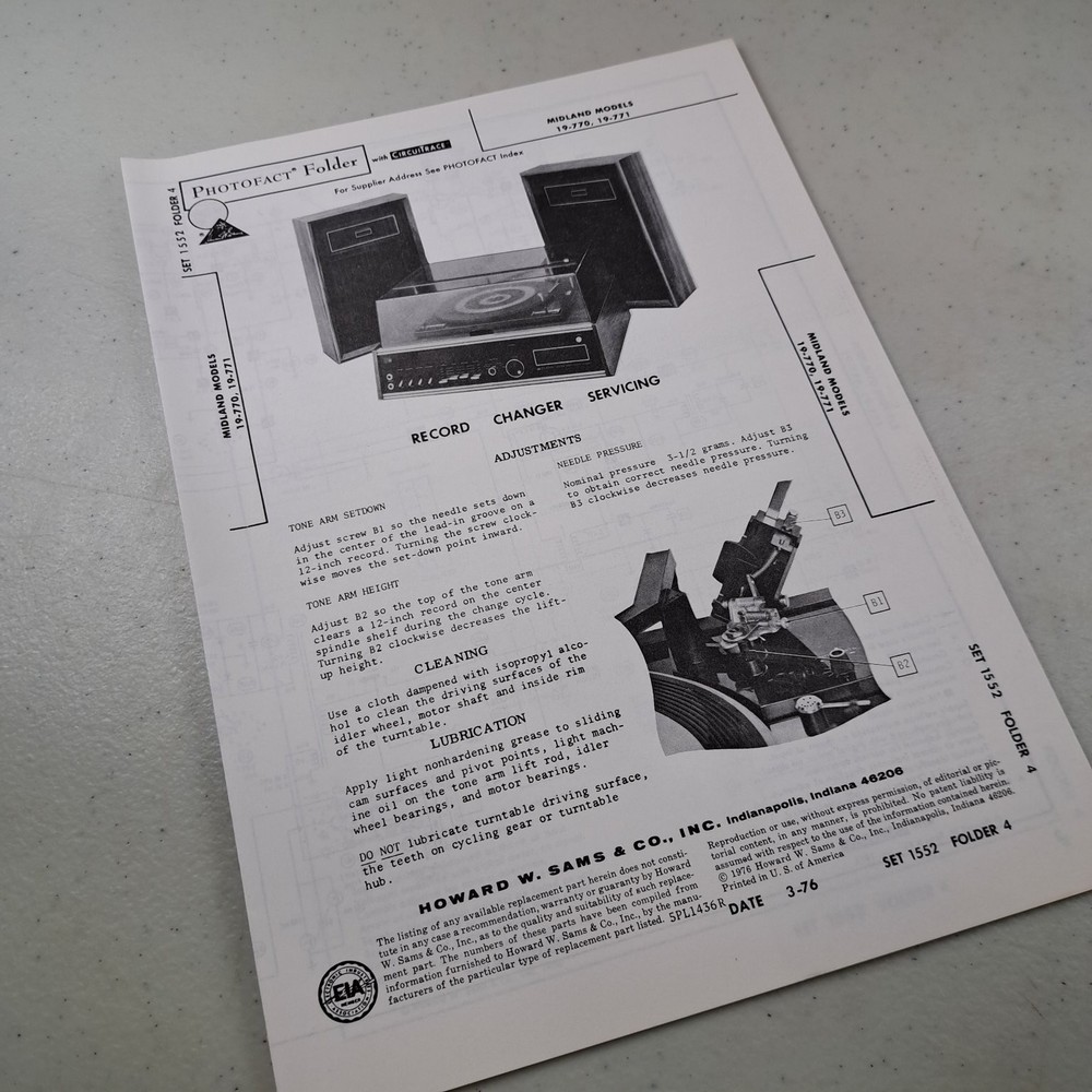 Midland Service Manual 19-770 19-771 Record Changer 1976 Photofact Illustrated