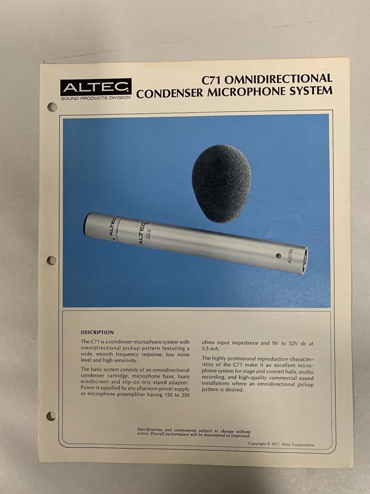 Original Vtg Altec C71 Omnidirectional Condenser Mic System Spec Sheet (A3)