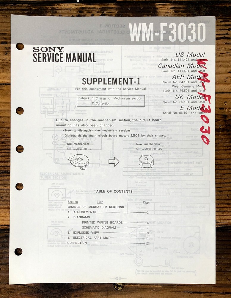 Sony WM-F3030 Radio Cassette Supp. Service Manual *Original*