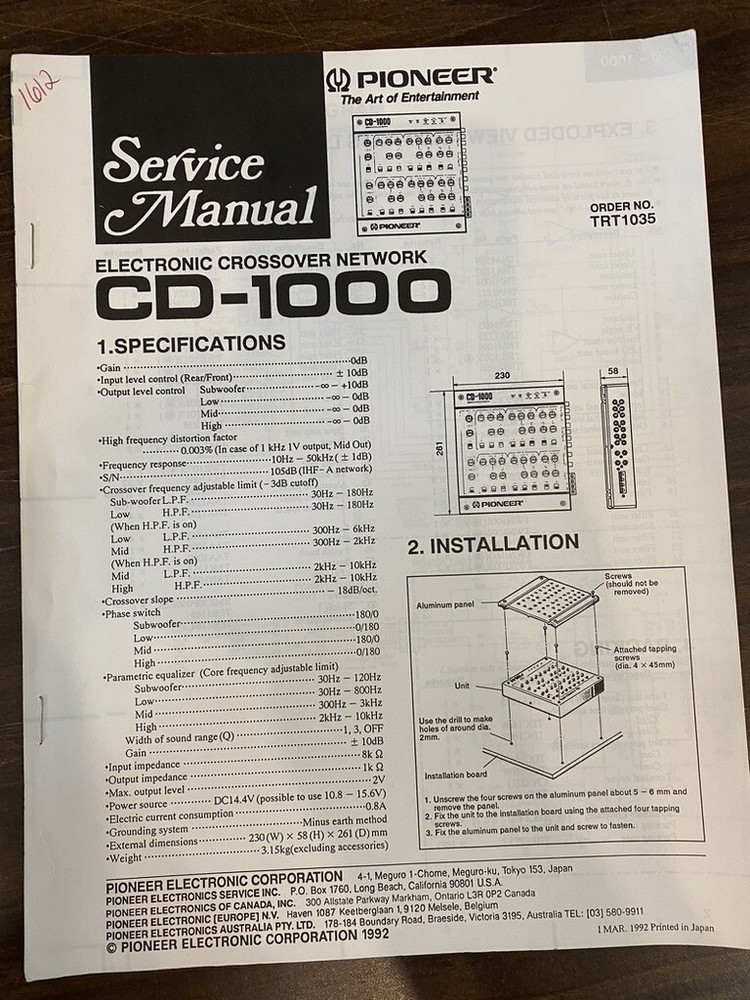 PIONEER cd-1000 cd1000 electronic crossover Service Manual **ORIGINAL**