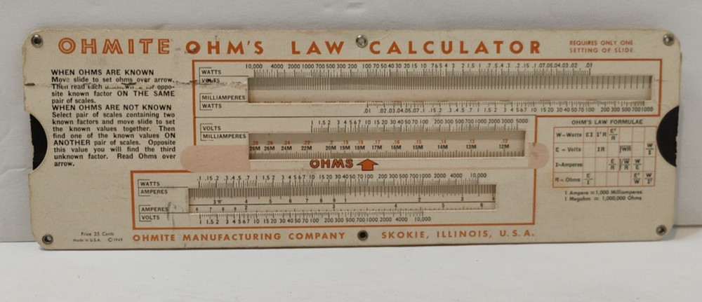 RARE Vintage 1949 Ohmite Parallel Resistance Calculator, Ohm’s Law Calculator