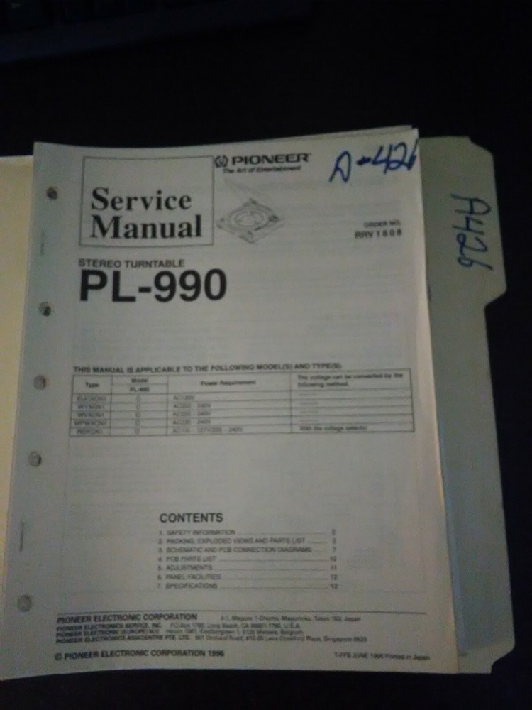 Pioneer PL-990 service manual original repair book