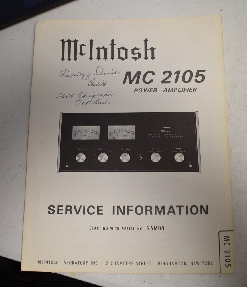 Original McIntosh MC 2105 Power Amplifier Service Information Owner’s Manual