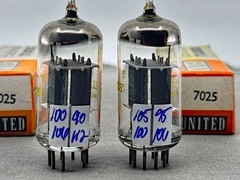 NOS Pair United Electronics 7025 12AX7A Tubes Short Gray Plates Tests NOS