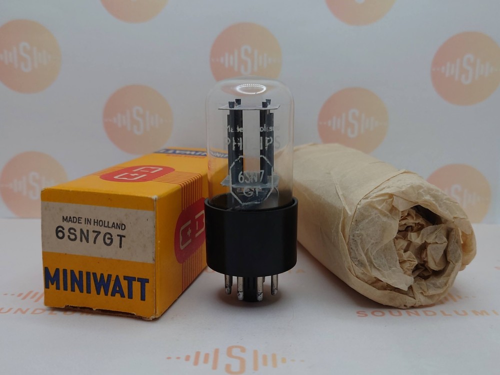 1x Philips 6SN7GT Bottom Rectangle Getter –Orig. Box and Paper- Holland 60s –NOS