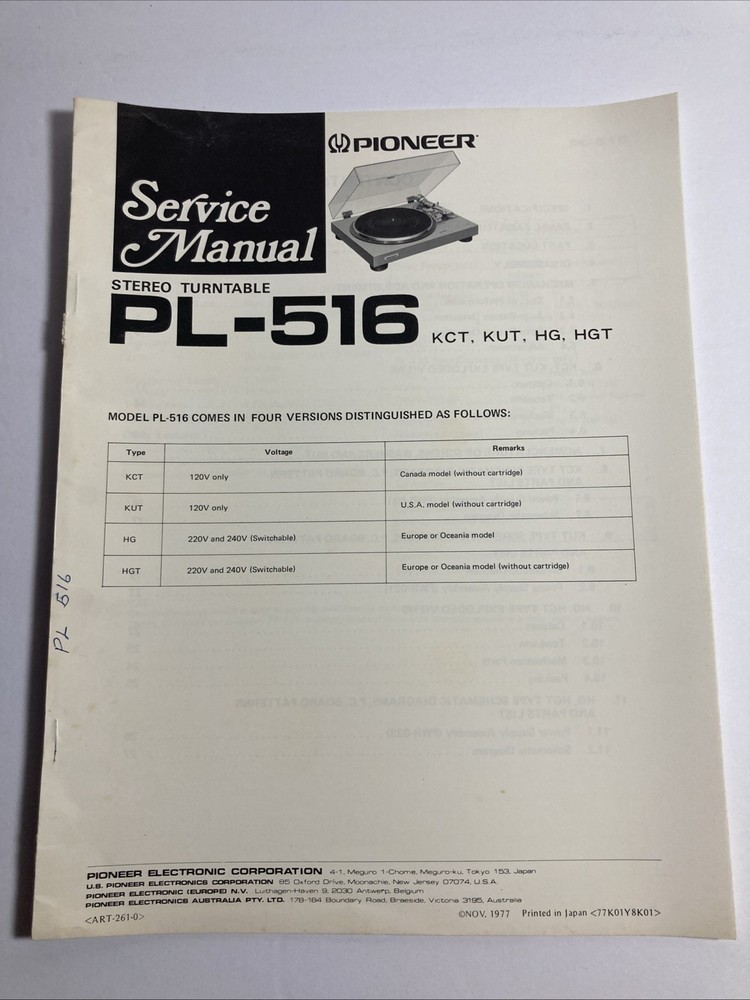 Pioneer PL-516 Original Service Manual 1977 Rare