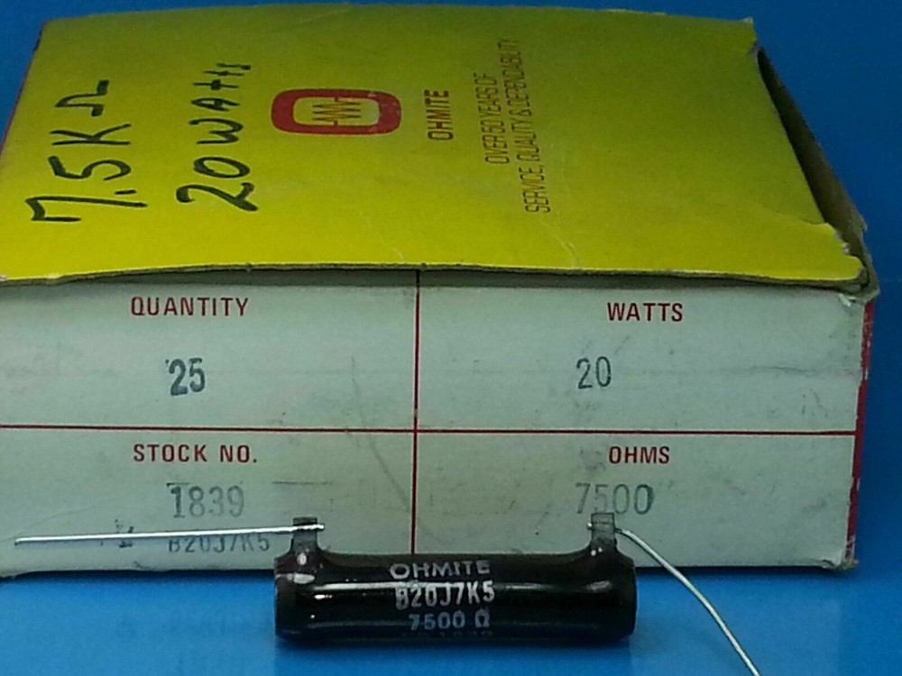 7.5K OHM 20 WATT RESISTOR OHMITE 0516 HIGH POWER SUPPLY PRESCION 5% QTY (1)