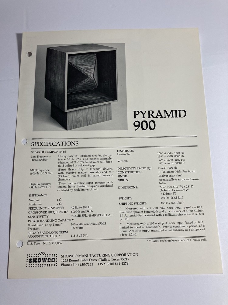 Showco Pyramid 900 3-way Pyramid Speaker System Specifications Sheet Vintage