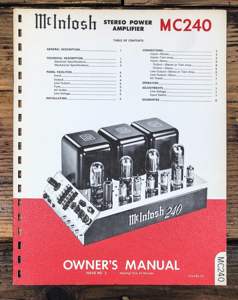 McIntosh MC-240 MC240 Amplifier Issue #2 Owners / User Manual *Original*