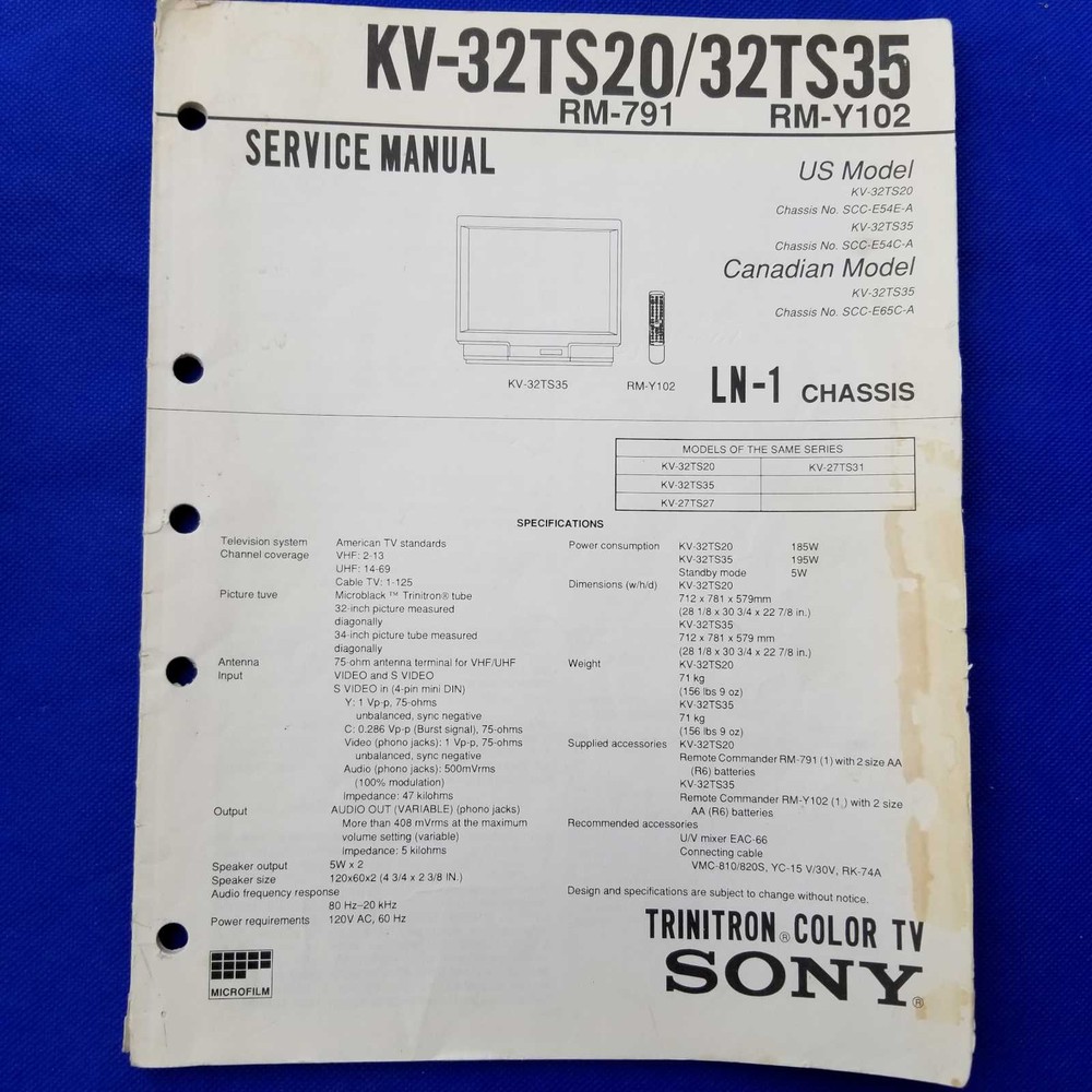 SONY KV-32TS20 KV-32T35 RM-791 RM-Y102 Service Manual Original Paper OEM Repair
