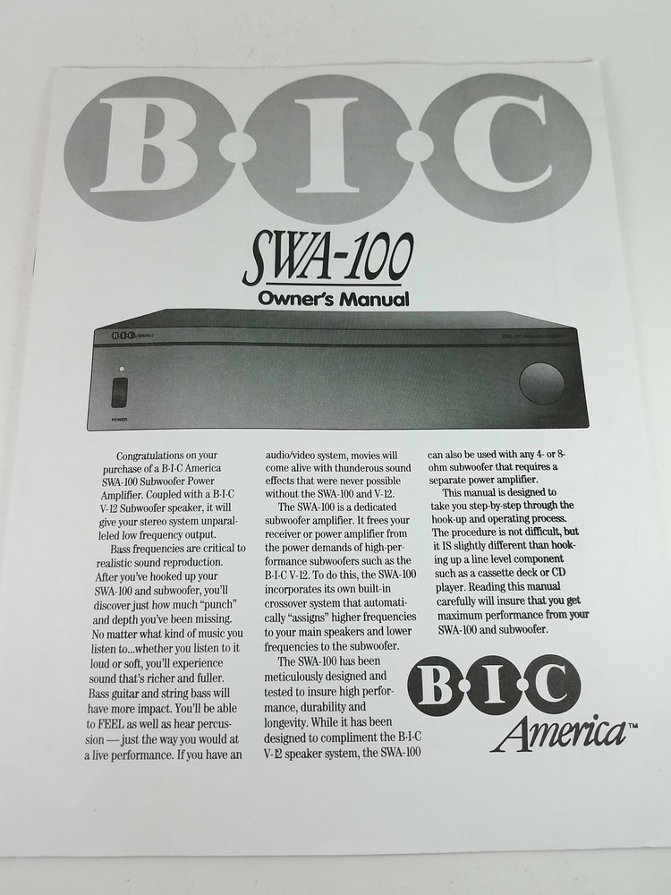 BIC SWA-100 Owners Manual 362230 362230