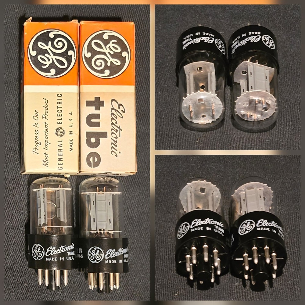 GE 6SN7 GTB 1960s CHROME SIDED HALO TALL BLACK BASE PERFECT MATCHED SET NIB