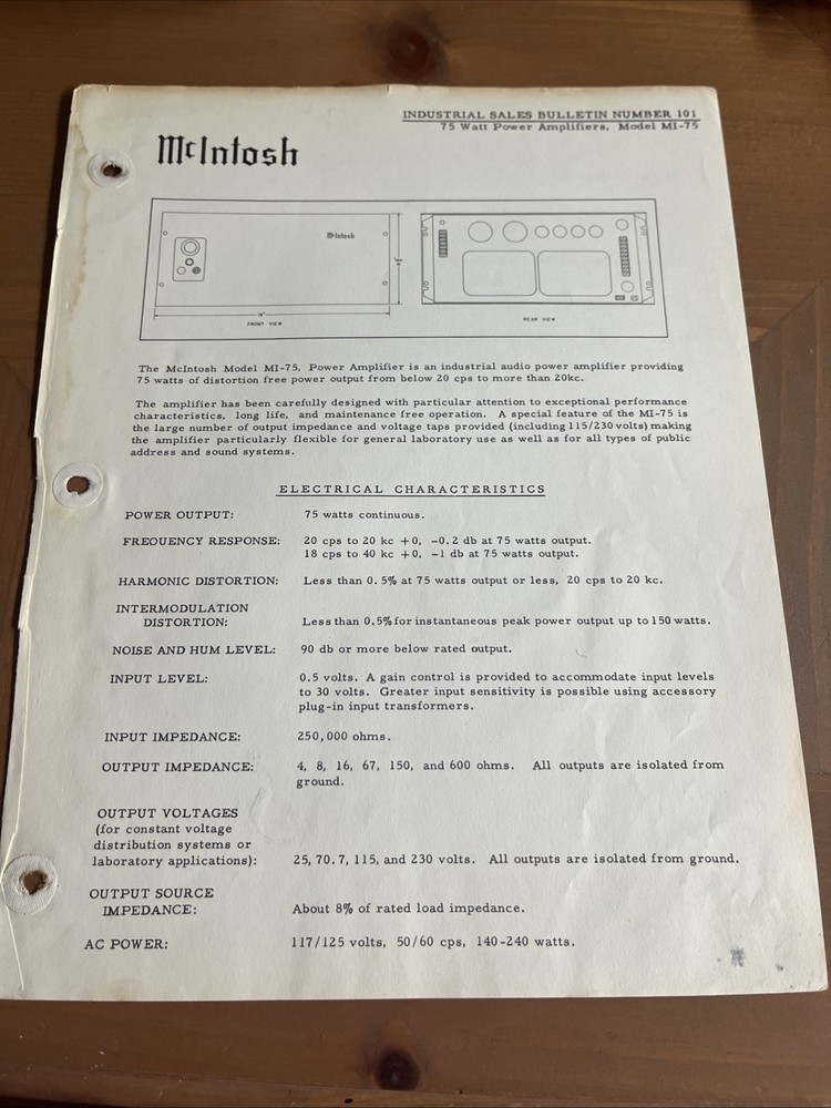 McIntosh MI 75 Industrial Sales Bulletin 75 Watt Power Amplifiers
