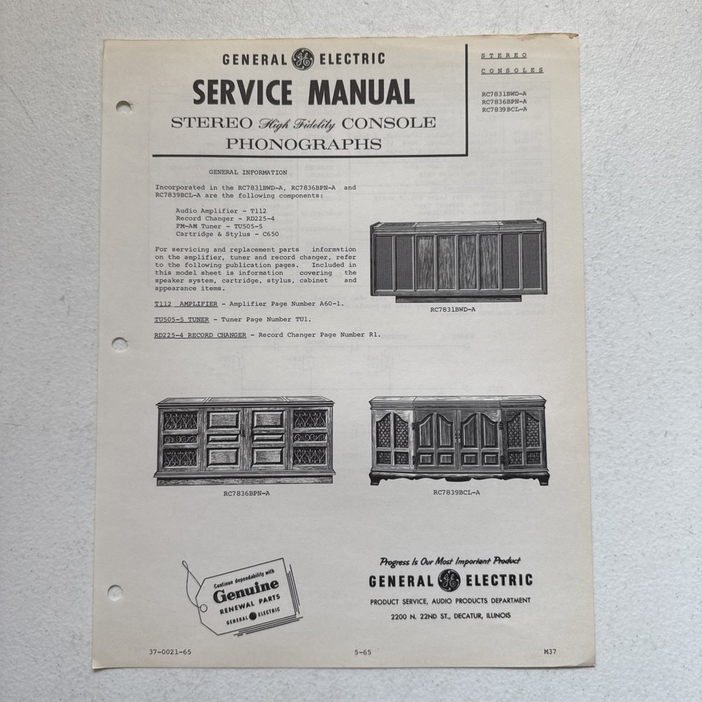 General Electric 1965 Stereo Consoles RC7831BWD-A, RC7836BPN-A Service Manual