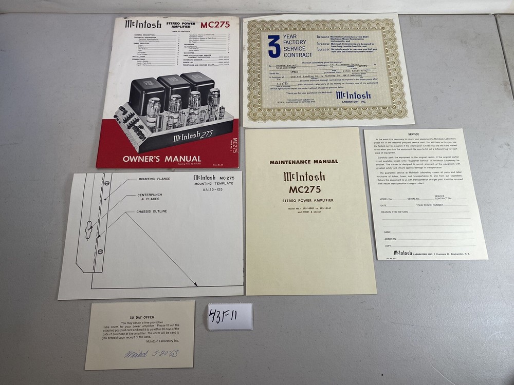 McIntosh MC275 Stereo Power Amplifier instruction Manual template Lot 43F11