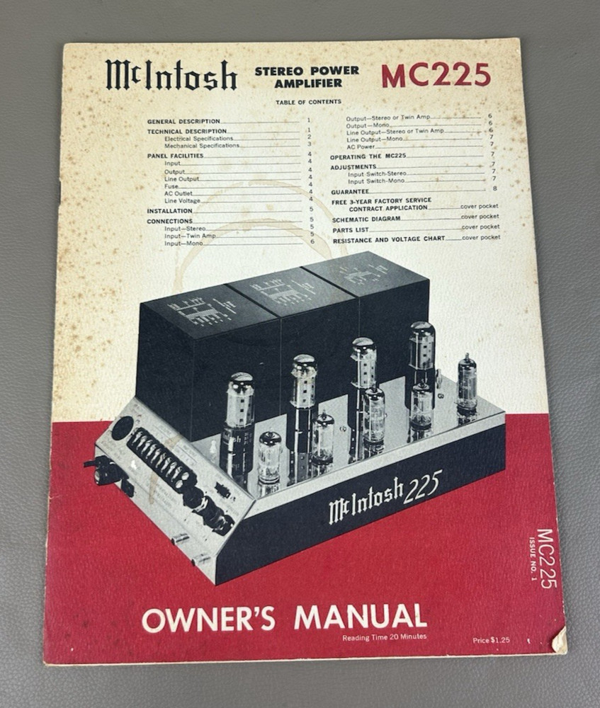 MCINTOSH MC-225 STEREO AMPLIFIER OWNERS MANUAL D-1314