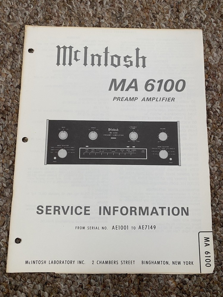 Vintage Mcintosh MA6100 Integrated Amplifier Service Manual Information Original