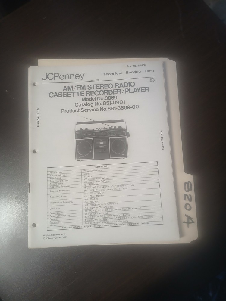 JC Penney 3869 Service Manual Original Repair Book Boom Box Tape Recorder Player