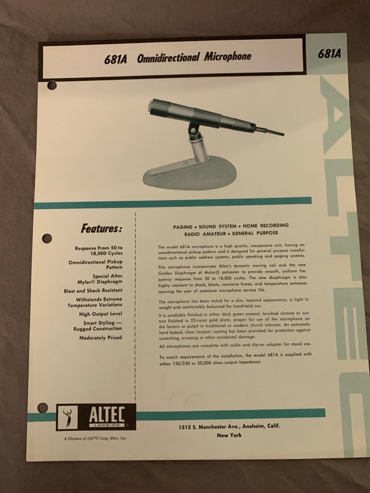 Vtg Original Altec 681A Omnidirectional Microphone Spec Sheet (A3)