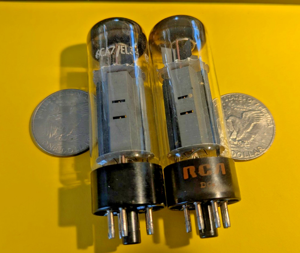 2 Mullard EL34/6CA7 GT Tubes Copper Posts O SINGLE Getter for RCA Brown Base XF2