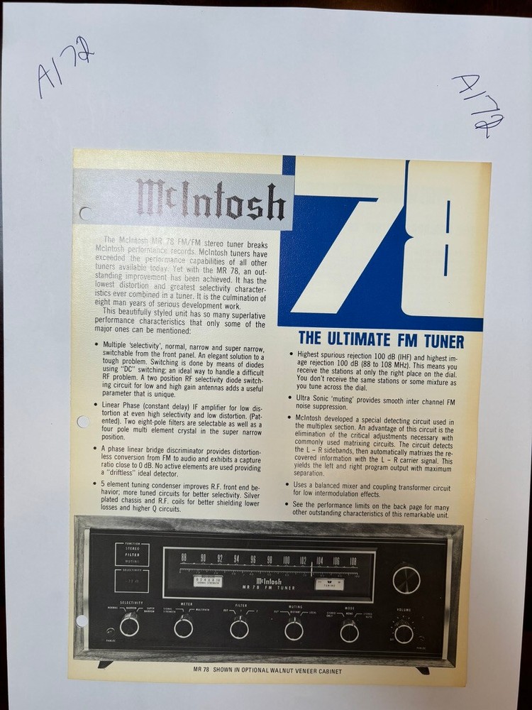 Vintage McIntosh MR78 MR-78 Spec Sheet Sales Brochure Catalog Ad *ORIGINAL*