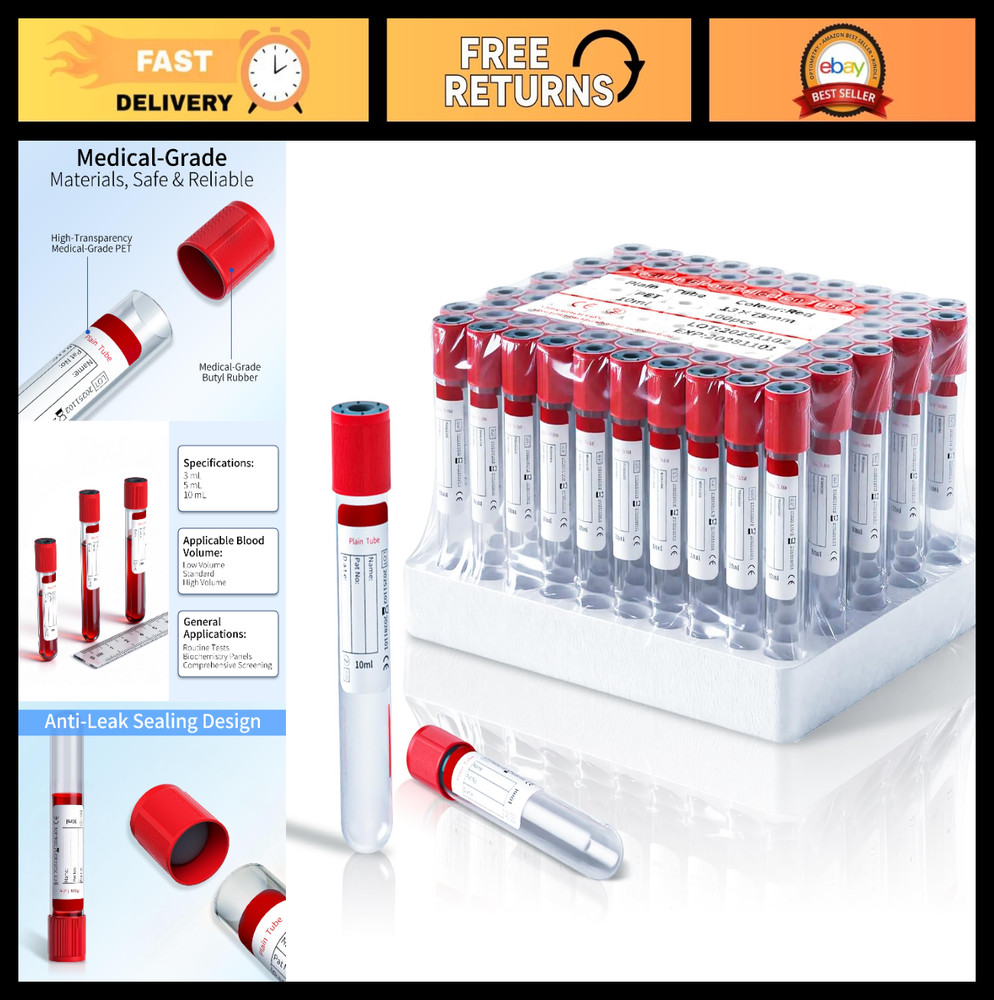 100 Pcs 10ml Vacuum Sample Tubes – Leak-Proof, No Additive, Red Caps for Lab & V