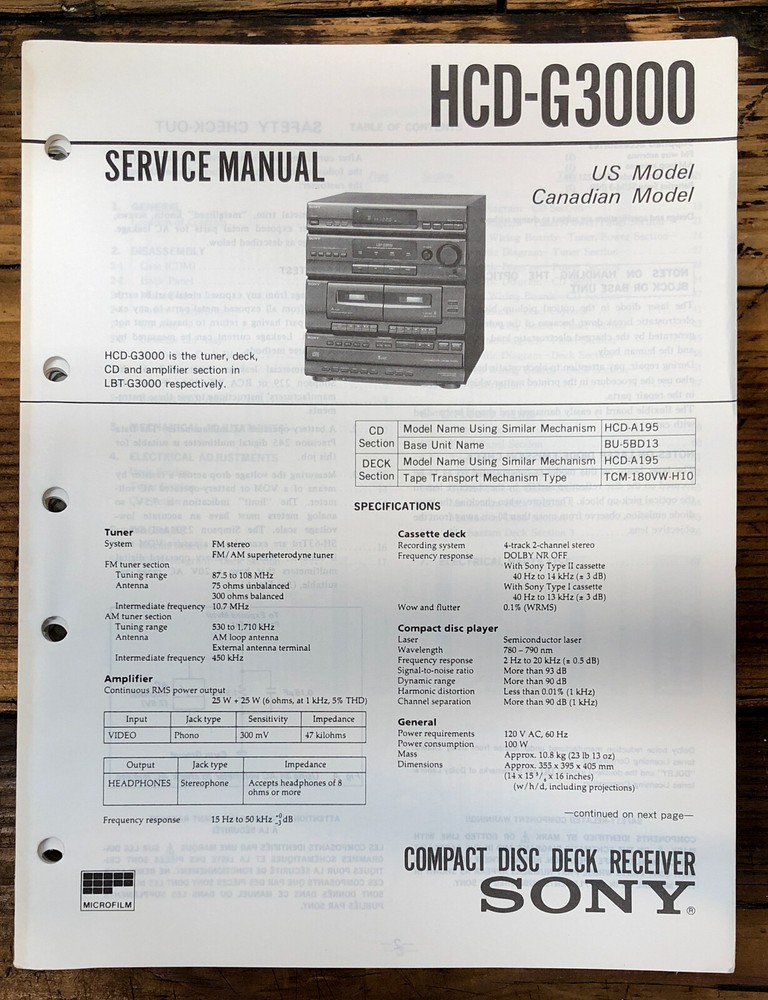 Sony HCD-G3000 Stereo Service Manual *Original*