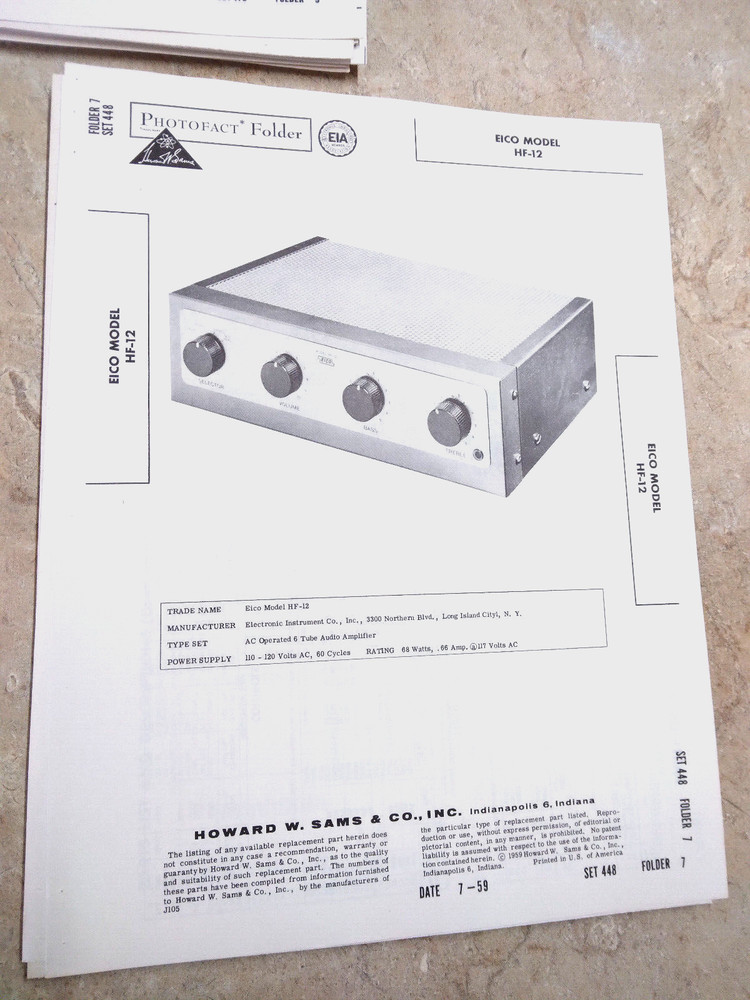 Original SAMS Photofact 448/7 – EICO HF-12 – 6BQ5 Mono AMPLIFIER
