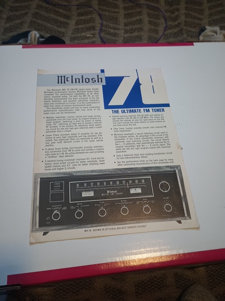 ORIGINAL Mcintosh MR 78 FM Tuner Dealer Spec Sheet Hifi Audio Vintage