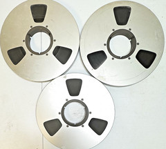 Ampex 766 10.5″ Aluminum Reel to Reel Tape Reels Lot of 3 w/ Tape Vintage