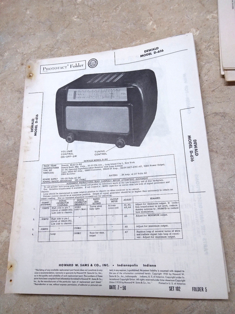 DEWALD D-616 Tube AM Radio Schematic Parts Locator SAMS PHOTOFACTS Set 102/5