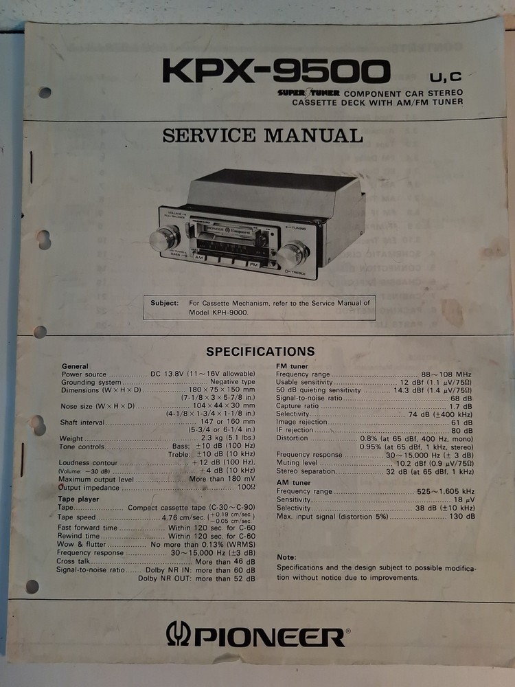 Pioneer KPX-9500 SERVICE MANUAL Component Car Stereo Cassette Deck Am/Fm Tuner