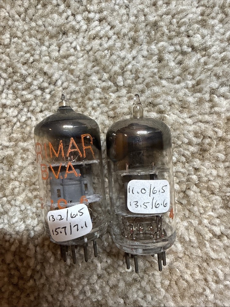 Pair Vintage Brimar 12AT7 ECC81 Grey Plate Square Getter Valves Used Tested Nos+