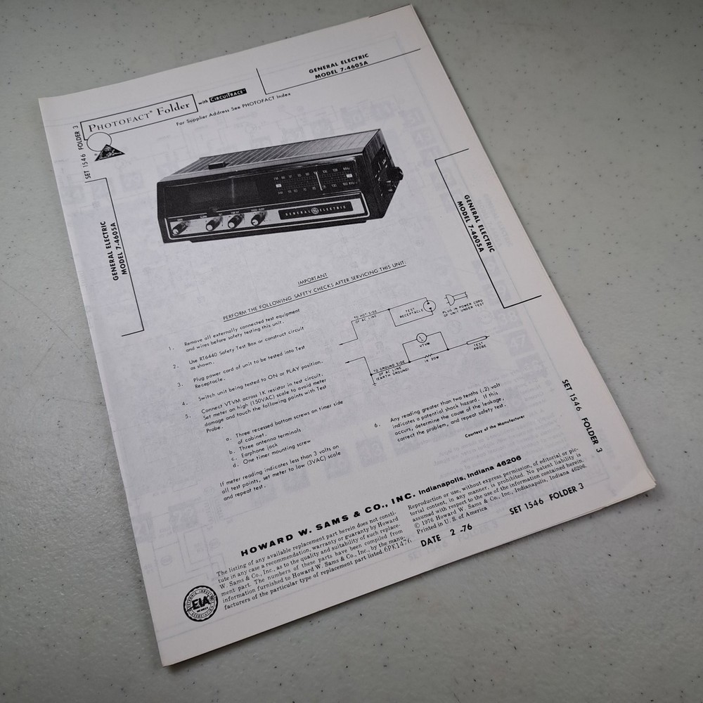 GENERAL ELECTRIC Manual 7-4605A 1976 PHOTOFACТ Clock Radio