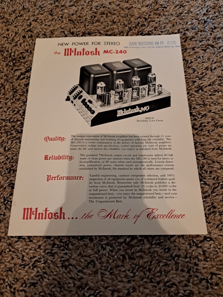 Original McIntosh MC 240 Tube Amplifier Dealer Spec Sheet